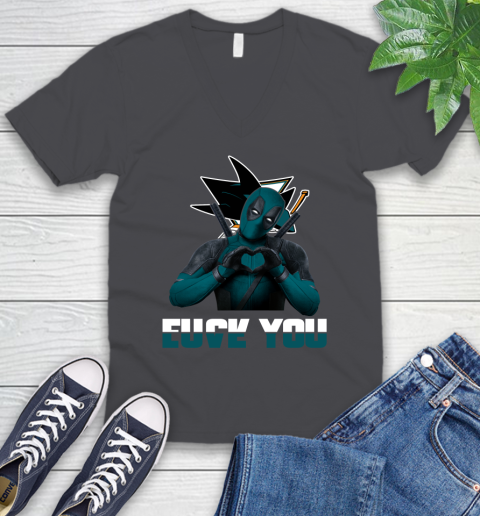 NHL San Jose Sharks Deadpool Love You Fuck You Hockey Sports V-Neck T-Shirt 4