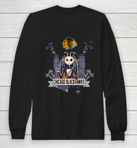 NHL Chicago Blackhawks Hockey Jack Skellington Halloween Long Sleeve T-Shirt