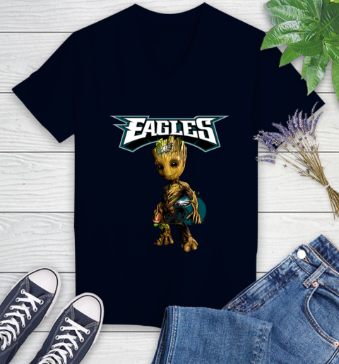 Philadelphia Eagles NFL Football Groot Marvel Guardians Of The Galaxy Women's V-Neck T-Shirt 3