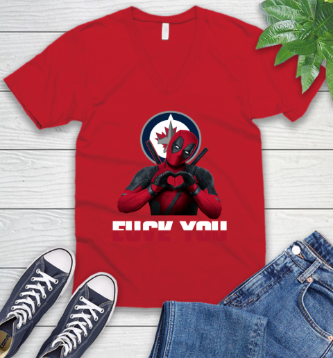 NHL Winnipeg Jets Deadpool Love You Fuck You Hockey Sports V-Neck T-Shirt 6
