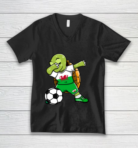 Dabbing Turtle Wales Soccer Fan Jersey Welsh Football Lovers V-Neck T-Shirt