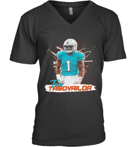 1 Tua Tagovailoa Miami Dolphins Football V-Neck T-Shirt