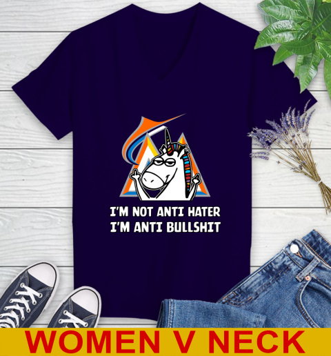Miami Marlins MLB Baseball Unicorn I'm Not Anti Hater I'm Anti Bullshit Women's V-Neck T-Shirt 4
