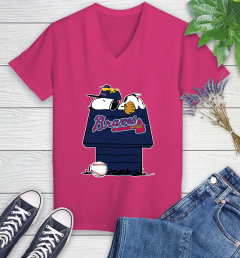 MLB Atlanta Braves Snoopy Woodstock The Peanuts Movie Baseball T Shirt Women's V-Neck T-Shirt 9
