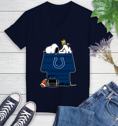 Indianapolis Colts NFL Football Snoopy Woodstock The Peanuts Movie Women's V-Neck T-Shirt 3