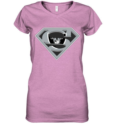 Oakland Raiders NFL LOGO Superman 5ilk oakland raiders nfl logo superman women v neck t shirt 39 front heather radiant orchid