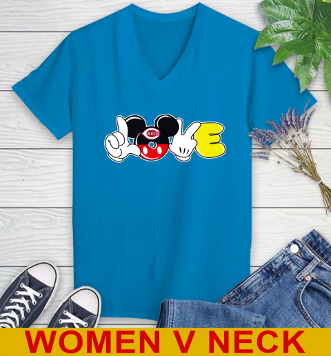 Cincinnati Reds MLB Baseball Love Mickey Disney Sports Women's V-Neck T-Shirt 8