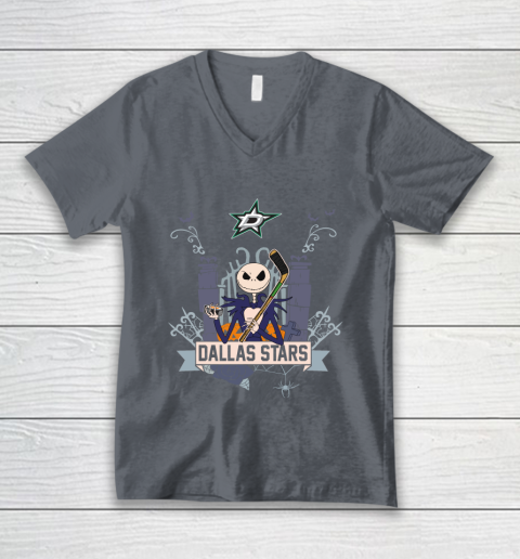 NHL Dallas Stars Hockey Jack Skellington Halloween V-Neck T-Shirt 4