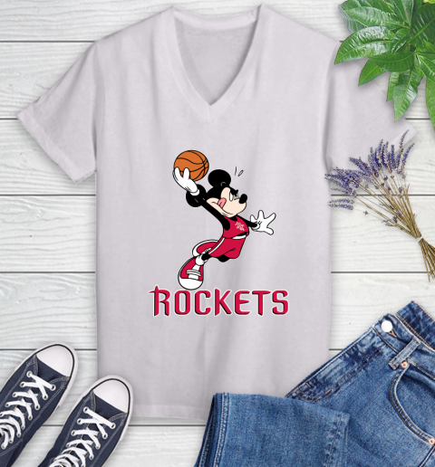 NBA Basketball Houston Rockets Cheerful Mickey Mouse Shirt Women's V-Neck T-Shirt 2