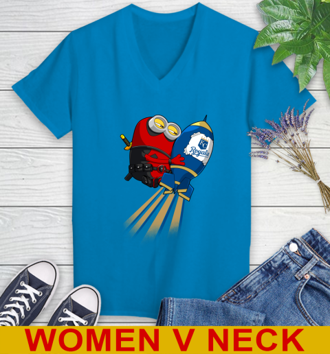 MLB Baseball Kansas City Royals Deadpool Minion Marvel Shirt Women's V-Neck T-Shirt 7