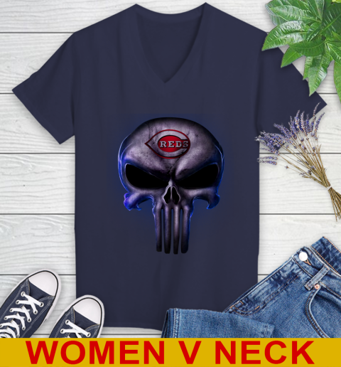 Cincinnati Reds MLB Baseball Punisher Skull Sports Women's V-Neck T-Shirt 12