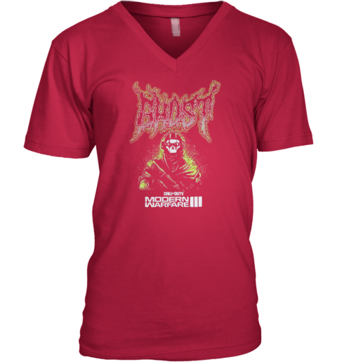 Modern Warfare III Ghost Metal V-Neck T-Shirt 0vl5 modern warfare iii ghost metal v neck unisex 8 front cherry red