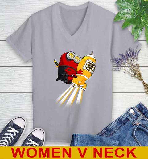 NHL Hockey Boston Bruins Deadpool Minion Marvel Shirt Women's V-Neck T-Shirt 4