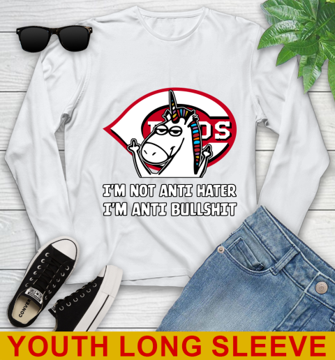 Cincinnati Reds MLB Baseball Unicorn I'm Not Anti Hater I'm Anti Bullshit Youth Long Sleeve