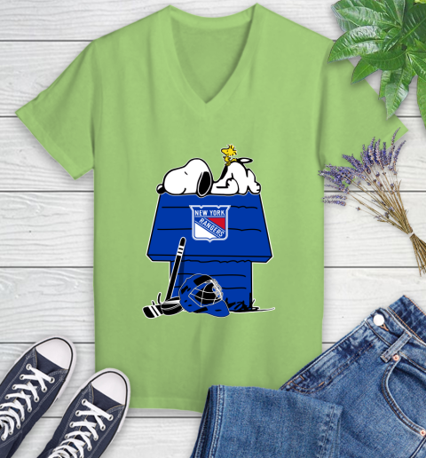 New York Rangers NHL Hockey Snoopy Woodstock The Peanuts Movie Women's V-Neck T-Shirt 11