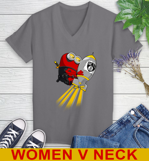 NBA Basketball Brooklyn Nets Deadpool Minion Marvel Shirt Women's V-Neck T-Shirt 11