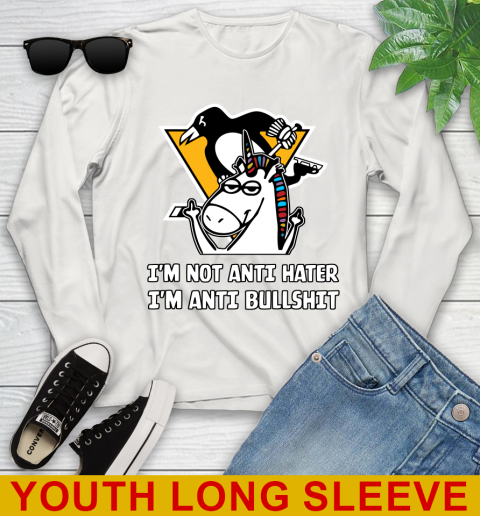Pittsburgh Penguins NHL Hockey Unicorn I'm Not Anti Hater I'm Anti Bullshit Youth Long Sleeve 12