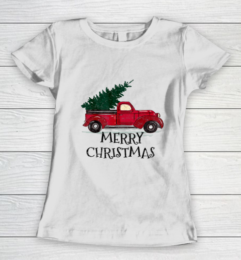 Vintage Red Truck With Merry Christmas Tree Women's T-Shirt