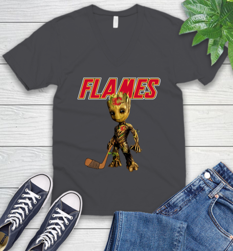 Calgary Flames NHL Hockey Groot Marvel Guardians Of The Galaxy V-Neck T-Shirt 5