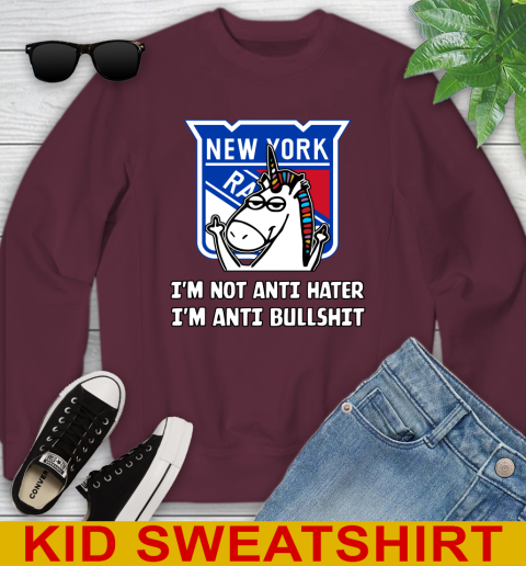 New York Rangers NHL Hockey Unicorn I'm Not Anti Hater I'm Anti Bullshit Youth Sweatshirt 5
