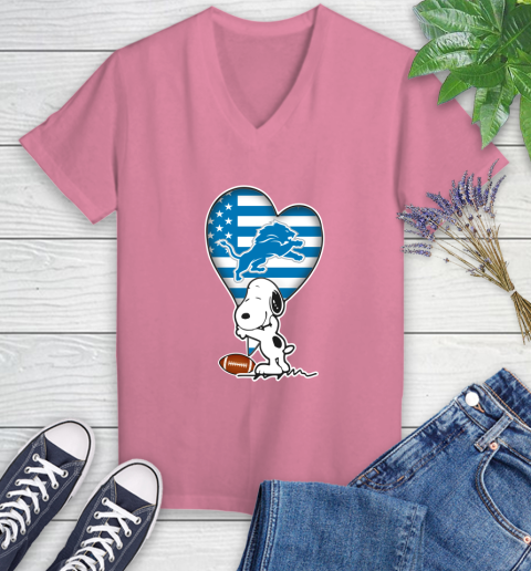 Detroit Lions NFL Football The Peanuts Movie Adorable Snoopy Women's V-Neck T-Shirt 13