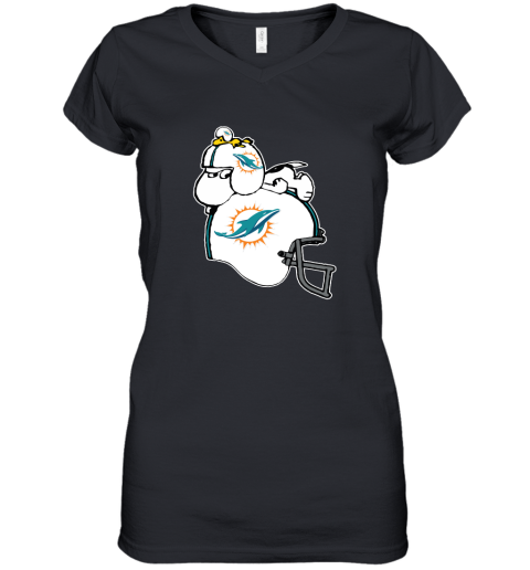 Snoopy And Woodstock Resting On Minami Dolphins Helmet Women's V-Neck T-Shirt