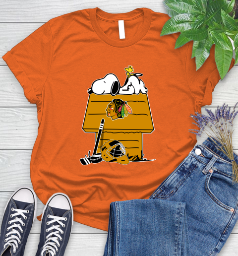 Chicago Blackhawks NHL Hockey Snoopy Woodstock The Peanuts Movie Women's T-Shirt 4