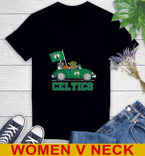 NBA Basketball Boston Celtics Darth Vader Baby Yoda Driving Star Wars Shirt Women's V-Neck T-Shirt 2