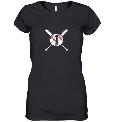 Baseball Number 1 One Shirt Distressed Softball Apparel Women's V-Neck T-Shirt