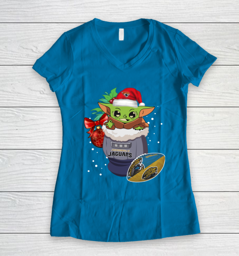 Jacksonville Jaguars Christmas Baby Yoda Star Wars Funny Happy NFL Women's V-Neck T-Shirt 7