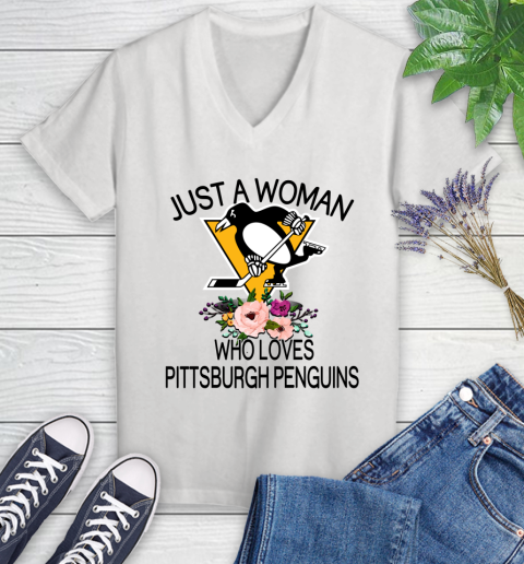 NHL Just A Woman Who Loves Pittsburgh Penguins Hockey Sports Women's V-Neck T-Shirt