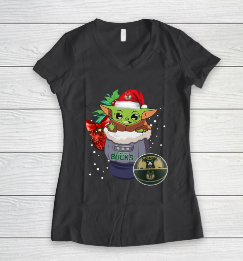 Milwaukee Bucks Christmas Baby Yoda Star Wars Funny Happy NBA Women's V-Neck T-Shirt 8