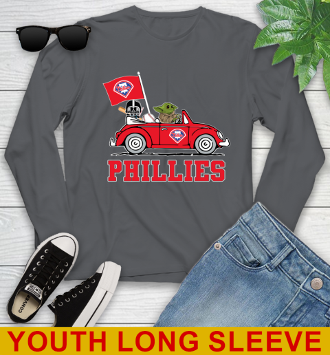 MLB Baseball Philadelphia Phillies Darth Vader Baby Yoda Driving Star Wars Shirt Youth Long Sleeve 9