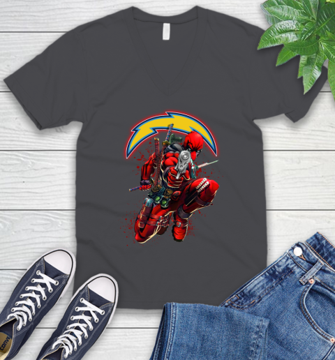 NFL Deadpool Marvel Comics Sports Football Los Angeles Chargers V-Neck T-Shirt 5