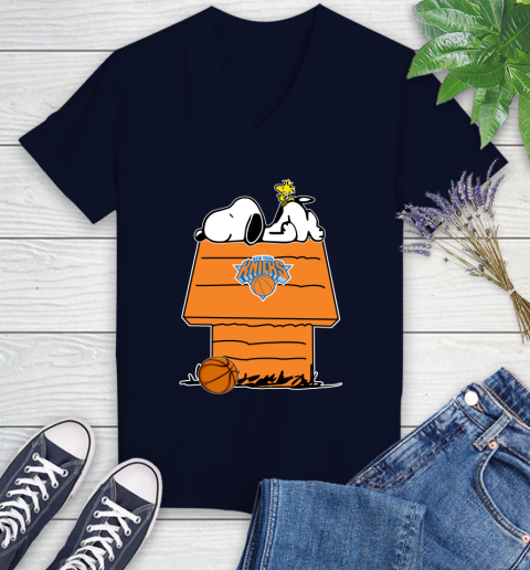 New York Knicks NBA Basketball Snoopy Woodstock The Peanuts Movie Women's V-Neck T-Shirt 3