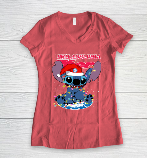 Philadelphia 76ers NBA noel stitch Basketball Christmas Women's V-Neck T-Shirt 3