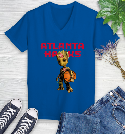 Atlanta Hawks NBA Basketball Groot Marvel Guardians Of The Galaxy Women's V-Neck T-Shirt 10