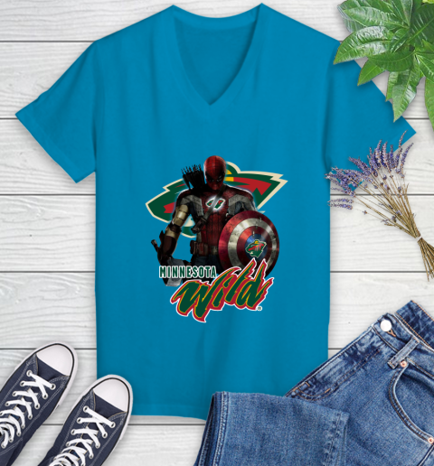 NHL Captain America Thor Spider Man Hawkeye Avengers Endgame Hockey Minnesota Wild Women's V-Neck T-Shirt 7