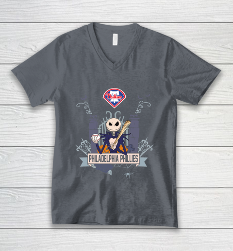 MLB Philadelphia Phillies Baseball Jack Skellington Halloween V-Neck T-Shirt 4
