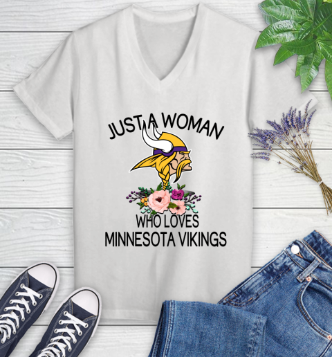 NFL Just A Woman Who Loves Minnesota Vikings Football Sports Women's V-Neck T-Shirt