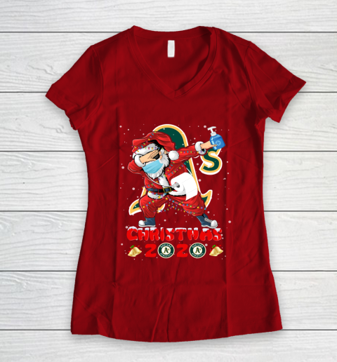 Oakland Athletics Funny Santa Claus Dabbing Christmas 2020 MLB Women's V-Neck T-Shirt 8