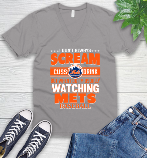 New York Mets MLB I Scream Cuss Drink When I'm Watching My Team V-Neck T-Shirt 3