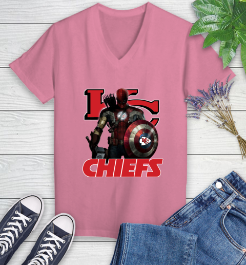 NFL Captain America Thor Spider Man Hawkeye Avengers Endgame Football Kansas City Chiefs Women's V-Neck T-Shirt 13