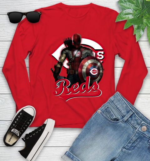 MLB Captain America Thor Spider Man Hawkeye Avengers Endgame Baseball Cincinnati Reds Youth Long Sleeve 11