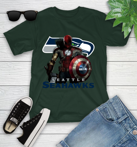 NFL Captain America Thor Spider Man Hawkeye Avengers Endgame Football Seattle Seahawks Youth T-Shirt 5