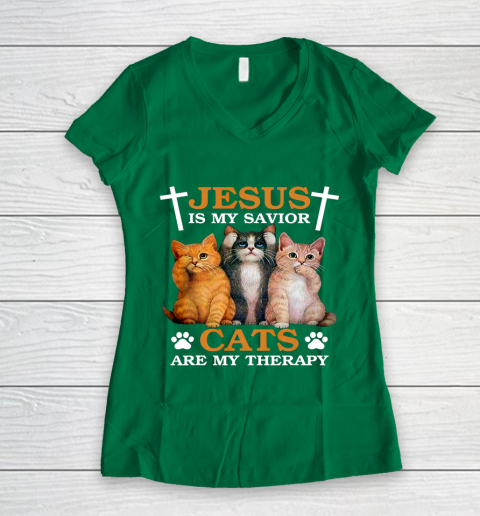 Jesus is My Savior Cat are My Therapy Christians Cat Lover Women's V-Neck T-Shirt 3