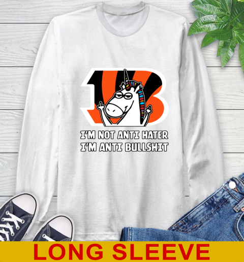 Cincinnati Bengals NFL Football Unicorn I'm Not Anti Hater I'm Anti Bullshit Long Sleeve T-Shirt