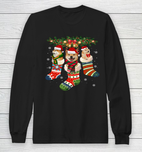 Three Shiba Inu In Sock Christmas Santa X mas Dog Long Sleeve T-Shirt
