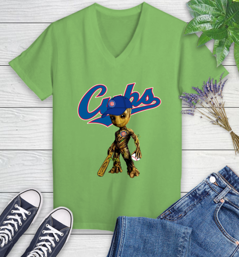 MLB Chicago Cubs Groot Guardians Of The Galaxy Baseball Women's V-Neck T-Shirt 11