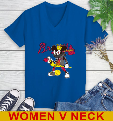 Atlanta Braves MLB Baseball Mickey Peace Sign Sports Women's V-Neck T-Shirt 11